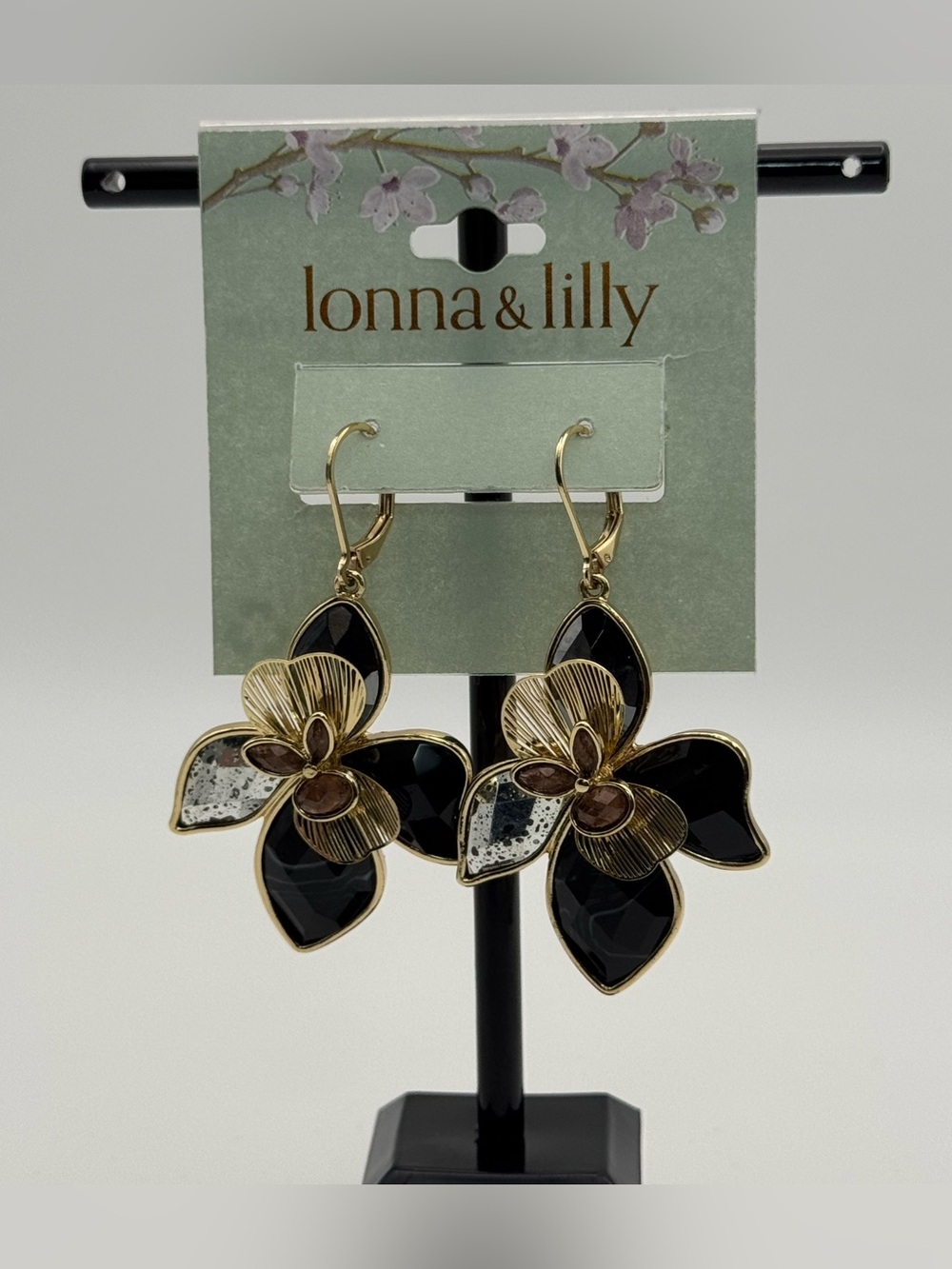 lonna & lilly Gold-Tone Black Floral Drop Earrings with Mirrored Petals
